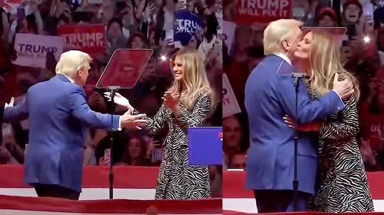 Donald Trump with arms wide open heading to Melania Trump; seconds later, an awkward embrace and cheek kiss.