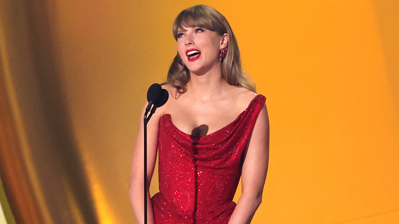 Taylor Swift speaks onstage at the Grammys in Los Angeles, CA (2025)