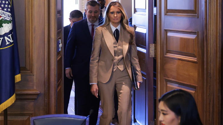 Melania Trump wearing a tan suit for a Capitol Hill meeting