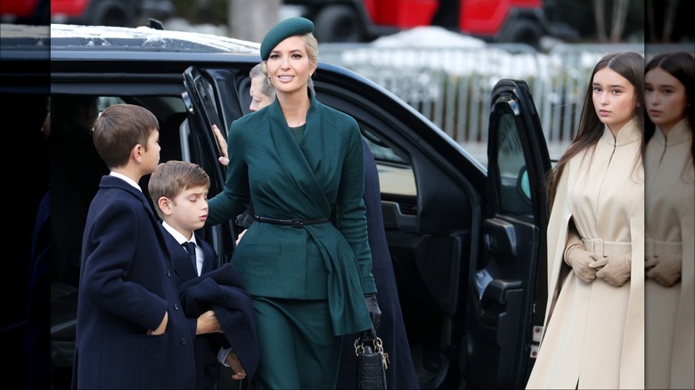 Ivanka Trump wearing a green outfit as she exits her vehicle at Donald Trump's 2025 inauguration