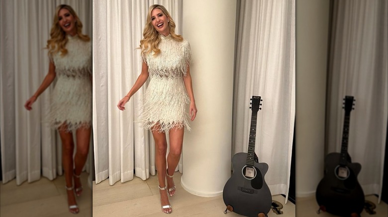 Ivanka Trump posing beside a guitar in a white fringed dress