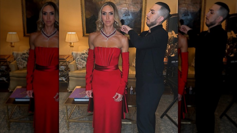 Lara Trump wearing a red dress with detached sleeves