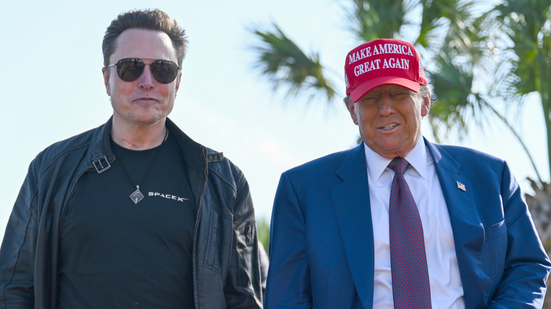 Elon Musk with pursed lips and Donald Trump talking