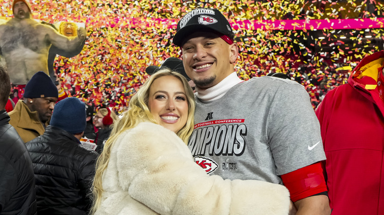 Brittany and Patrick Mahomes after the 2025 AFC Championship Game