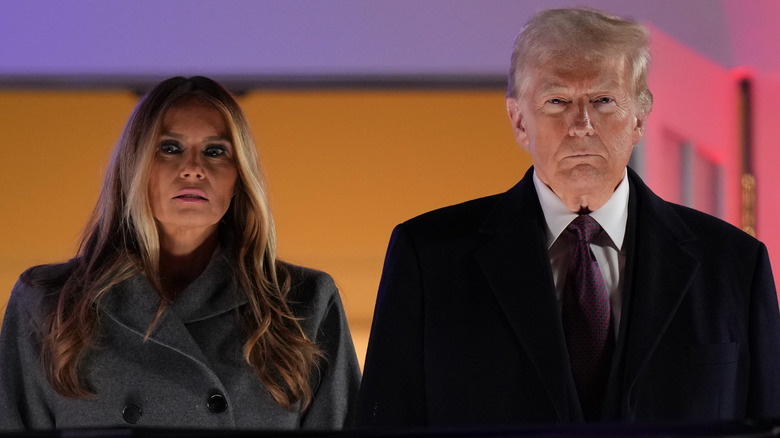 Donald Trump and Melania Trump posing in dark lighting