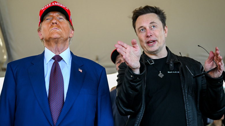 Donald Trump squinting and Elon Musk gesturing with sunglasses