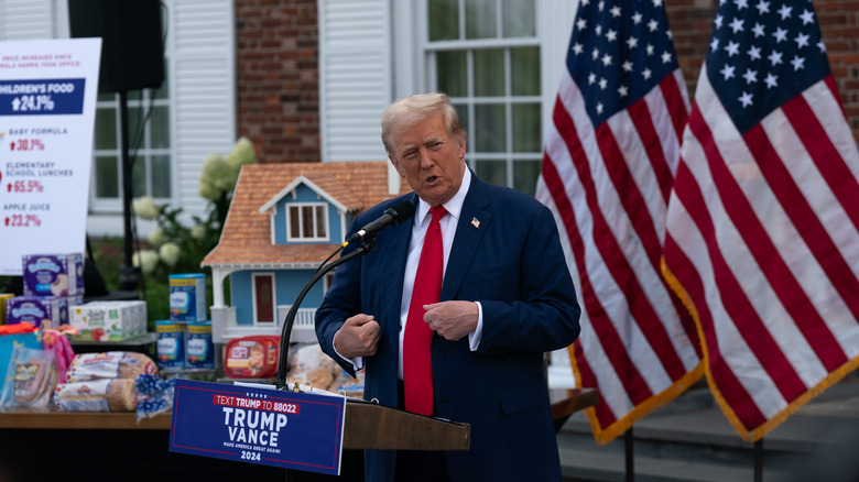 Donald Trump news conference with groceries and toy house