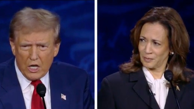 Split screen Trump and Harris debate