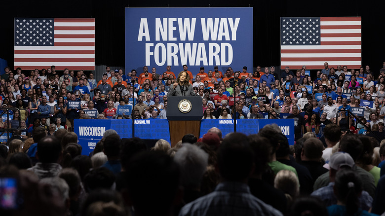 Kamala Harris speaking at rally A New Way Forward