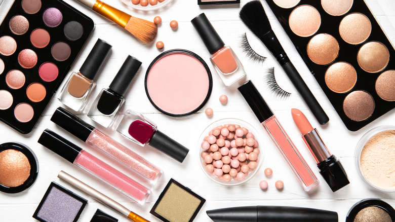 Assorted makeup products photographed from above