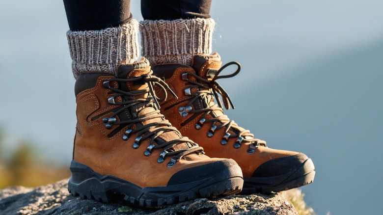 A pair of brown hiking boots