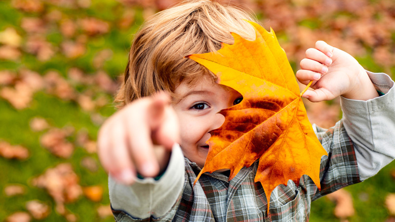 Toddler with leaf outdoors