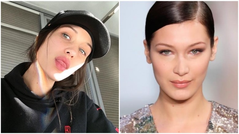 Bella Hadid split image no makeup