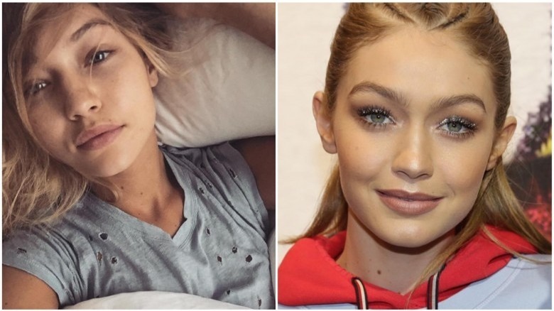 Gigi Hadid split image no makeup