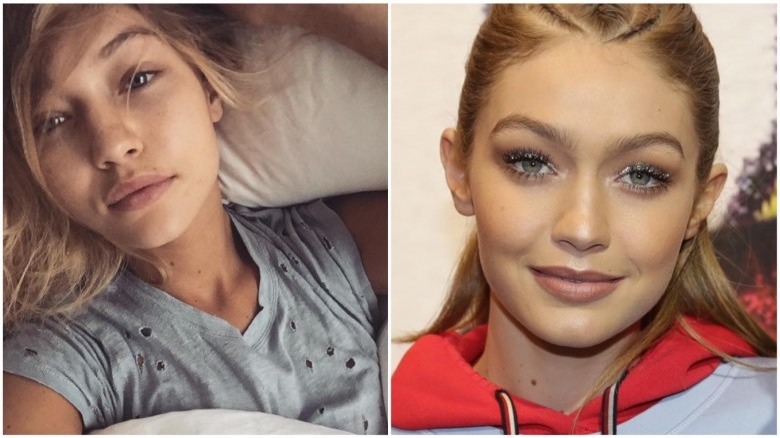 Gigi Hadid split image no makeup