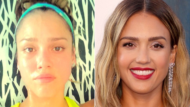 Jessica Alba split image no makeup