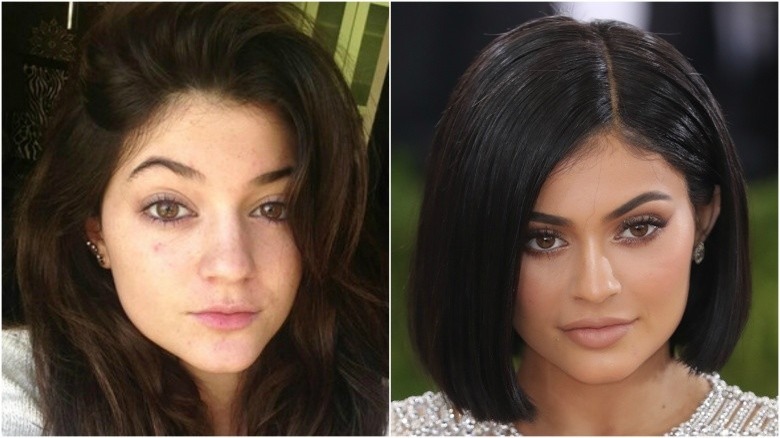 Kylie Jenner split image no makeup