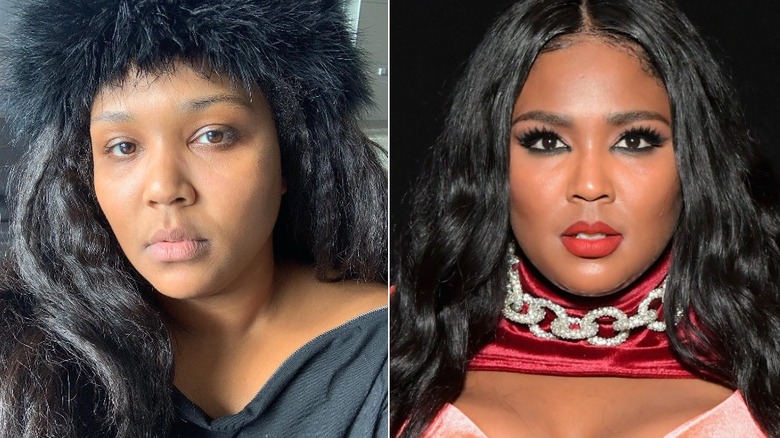 Lizzo without and with makeup