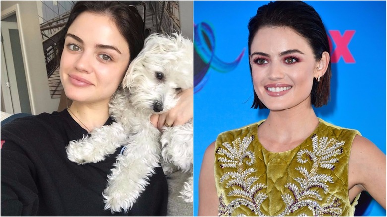 Lucy Hale split image no makeup