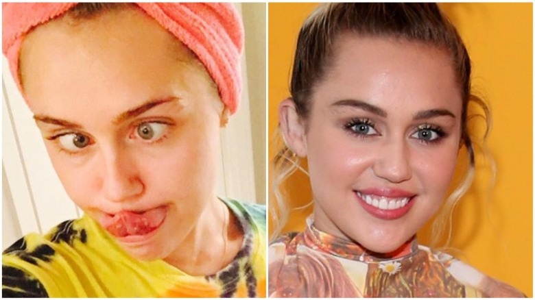 Miley Cyrus split image no makeup