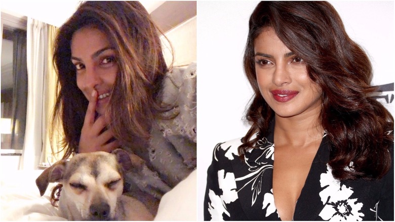 Priyanka Chopra split image no makeup