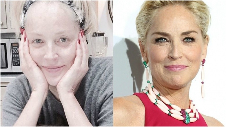 Sharon Stone split image no makeup