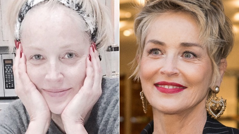 Sharon Stone split image no makeup