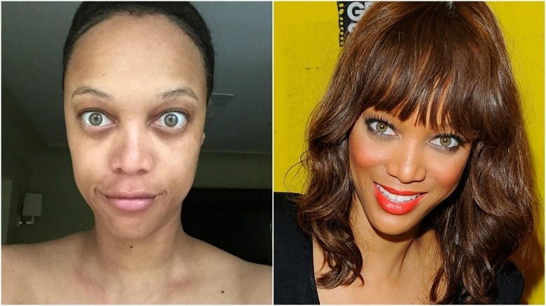 Tyra Banks split image no makeup