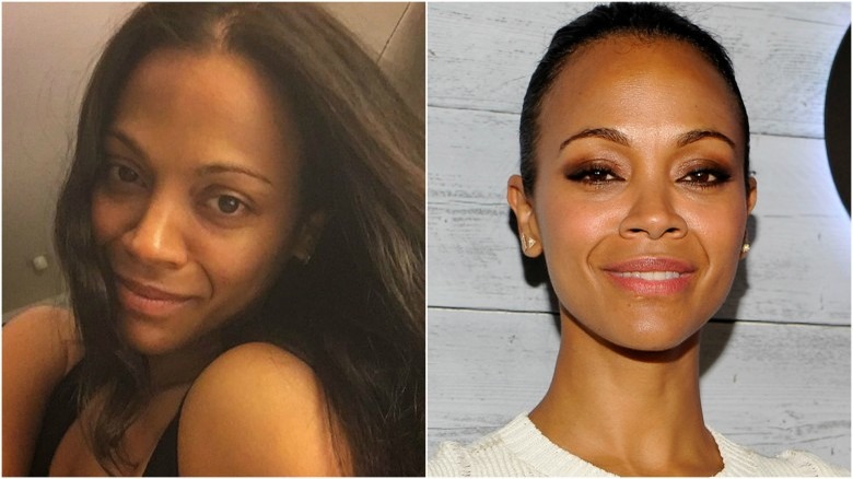 Zoe Saldana split image no makeup