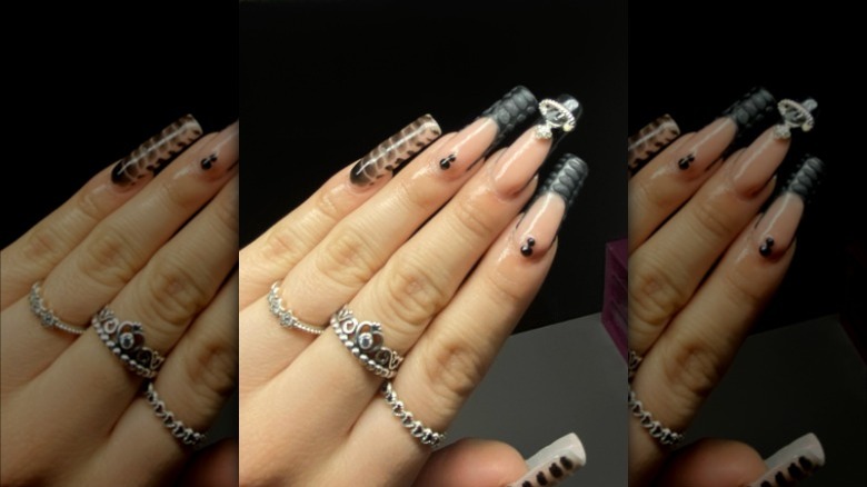 Long textured black tips with jewelry