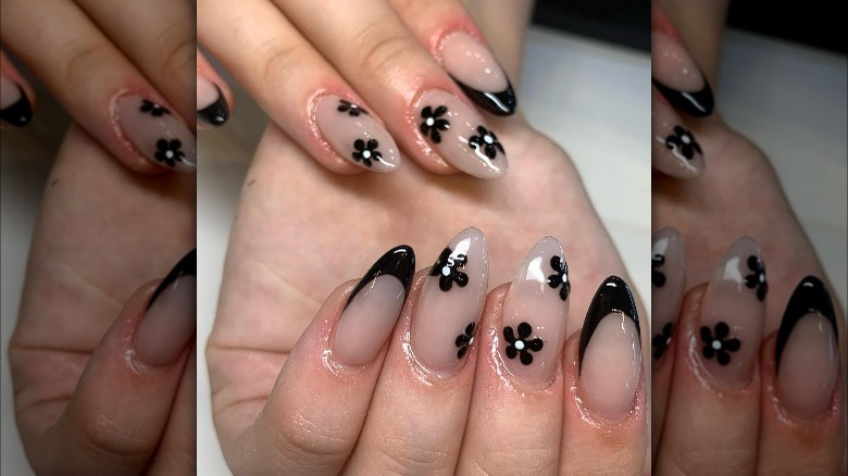 French moon nails with black flowers