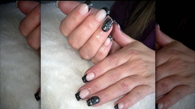 Black French tips with big sparkles