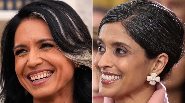 Split image of Tulsi Gabbard and Usha Vance smiling