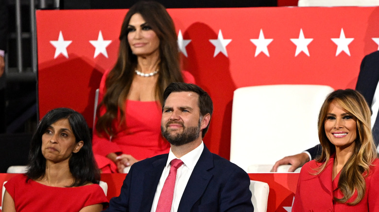 J.D. and Usha Vance sitting next to Melania Trump and in front of Kimberly Guilfoyle at RNC