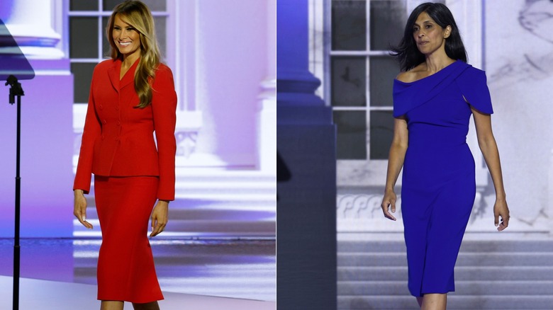 Melania Trump in red Dior suit; Usha Vance in blue Saks Fifth Avenue dress