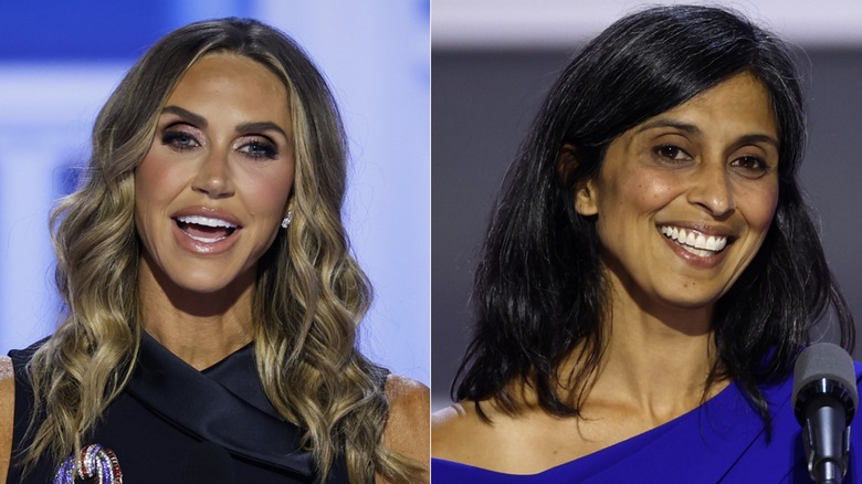 Split image of Lara Trump closeup during speech and Usha Vance closeup during speech