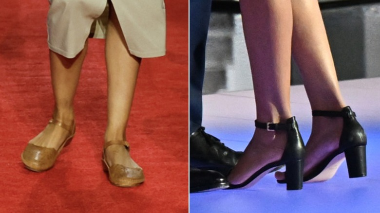 Split image of Usha Vance's flat shoes and chunky heels