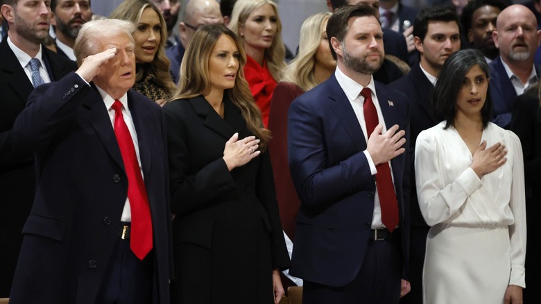 Usha Vance says the pledge of allegiance with Donald Trump, Melania Trump, and J.D. Vance