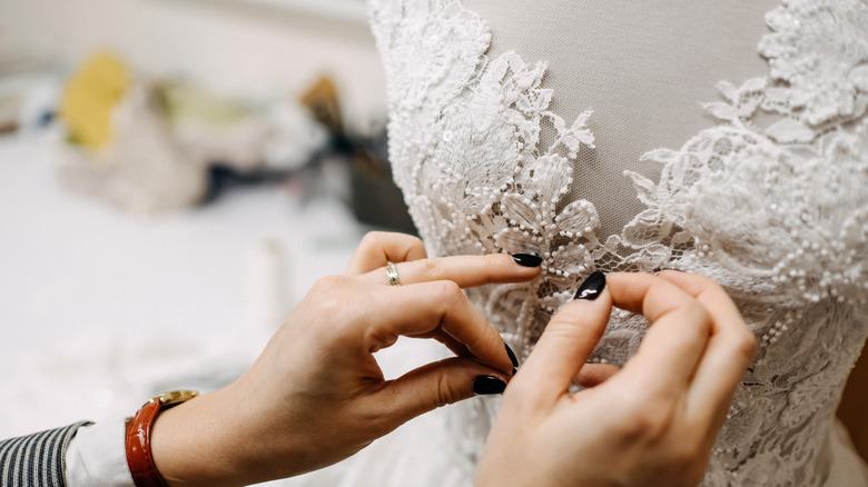 Pinning lace to bodice