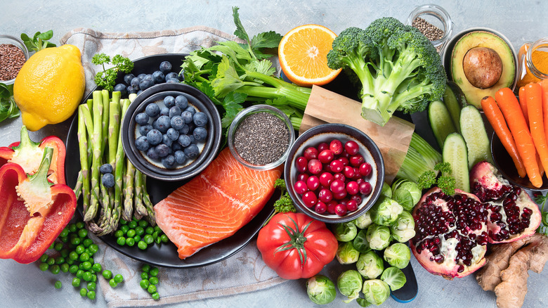 array of fresh produce and fish