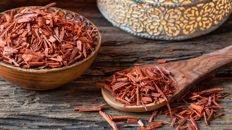 Sandalwood shavings in bowl and spoon