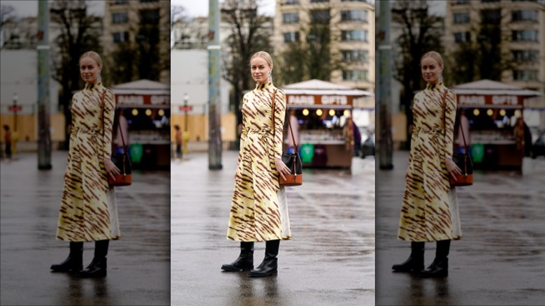 Woman wearing printed dress