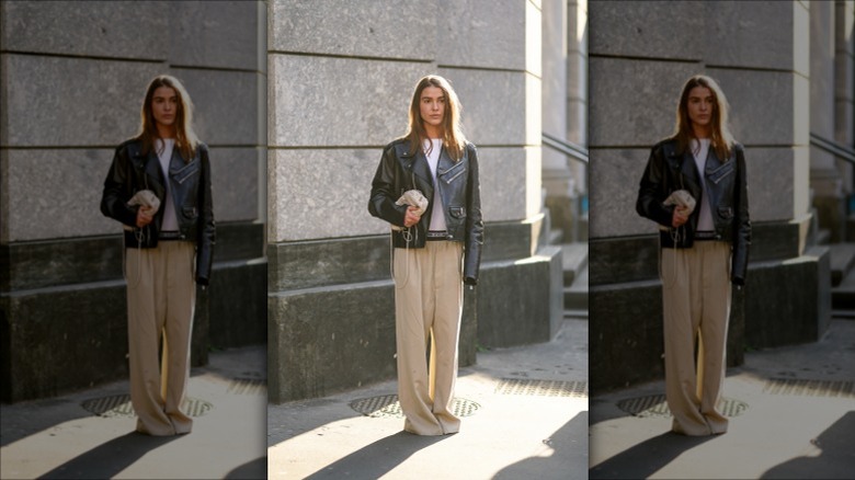 Woman wearing leather jacket