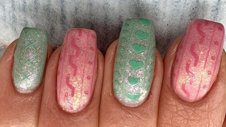 green and pink sweater nails