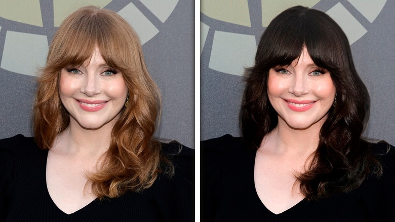 Side-by-side photos of Bryce Dallas Howard with light and dark hair