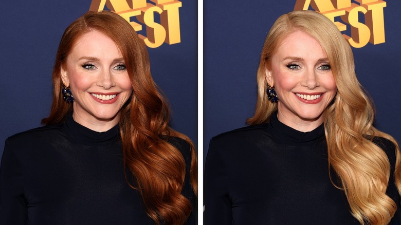 Side-by-side photos of Bryce Dallas Howard smiling with red and blonde hair