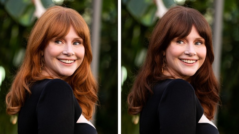 Side-by-side photos of Bryce Dallas Howard with red and brown hair