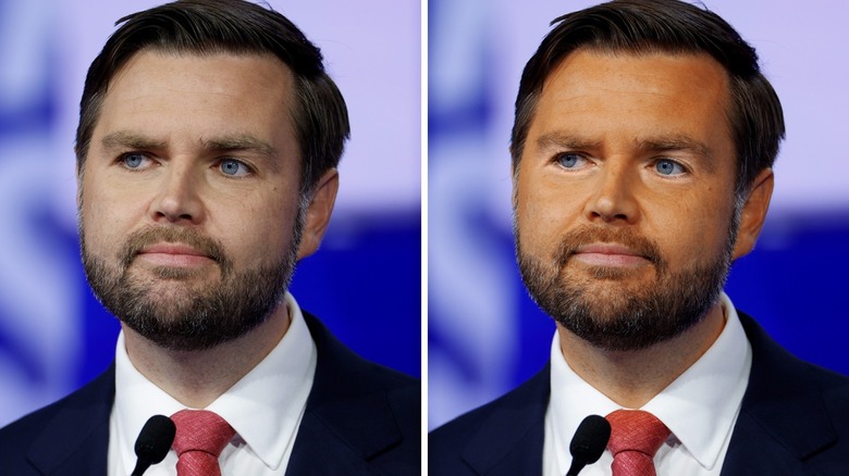 Split image of JD Vance with and without orange makeup