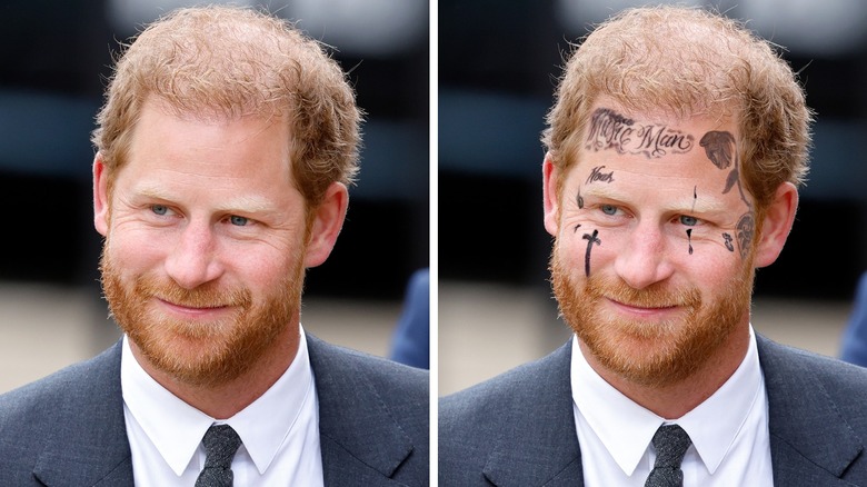 Prince Harry smiling in a suit with face tattoos