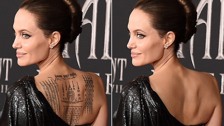 Angelina Jolie with and without her back tattoos